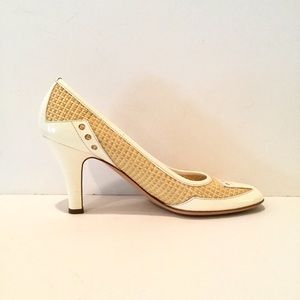 PRADA IVORY PATENT & HONEY WOVEN PUMPS  SALE